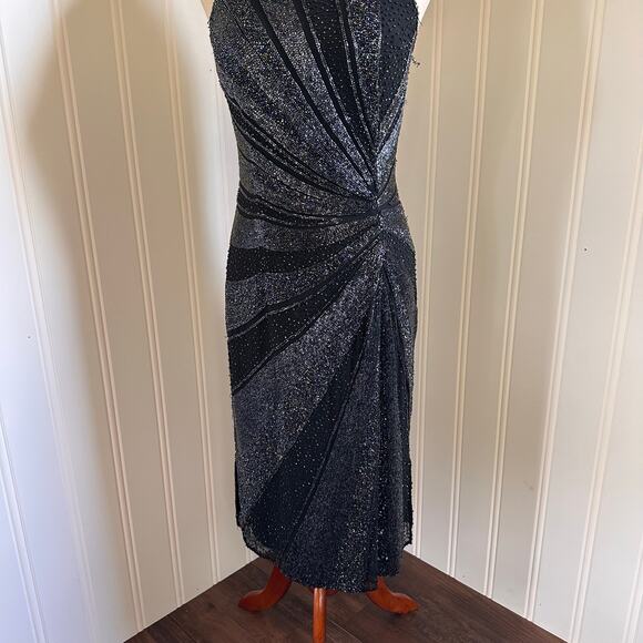 Vintage 90s/Y2K Black Silk Beaded Midi Dress M - Picture 3 of 9